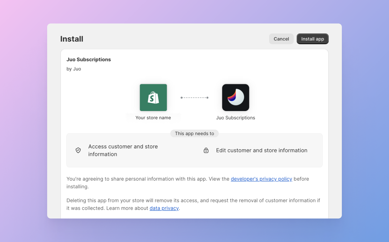 Shopify store - Juo app installation