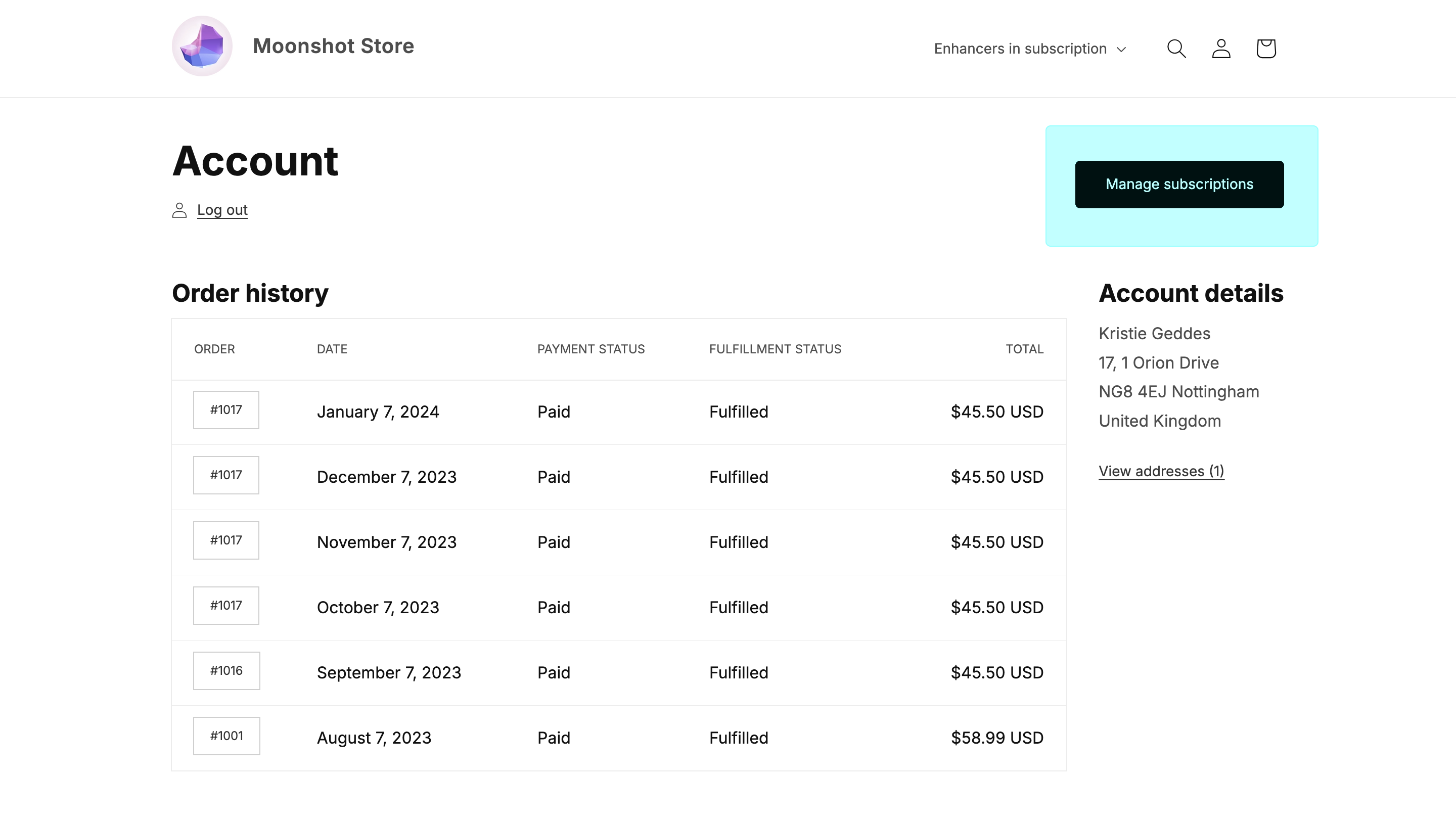 Customer Accout page - Manage subscriptions button
