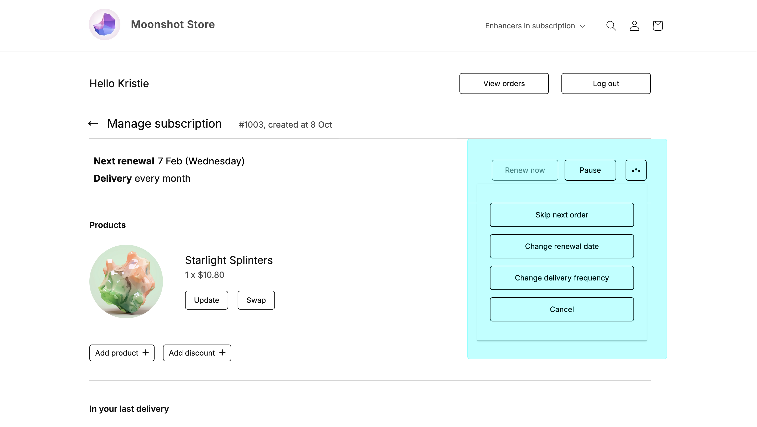 Customer Portal - Subscription management options