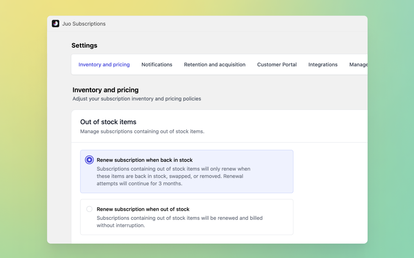 Global settings view - Inventory and pricing