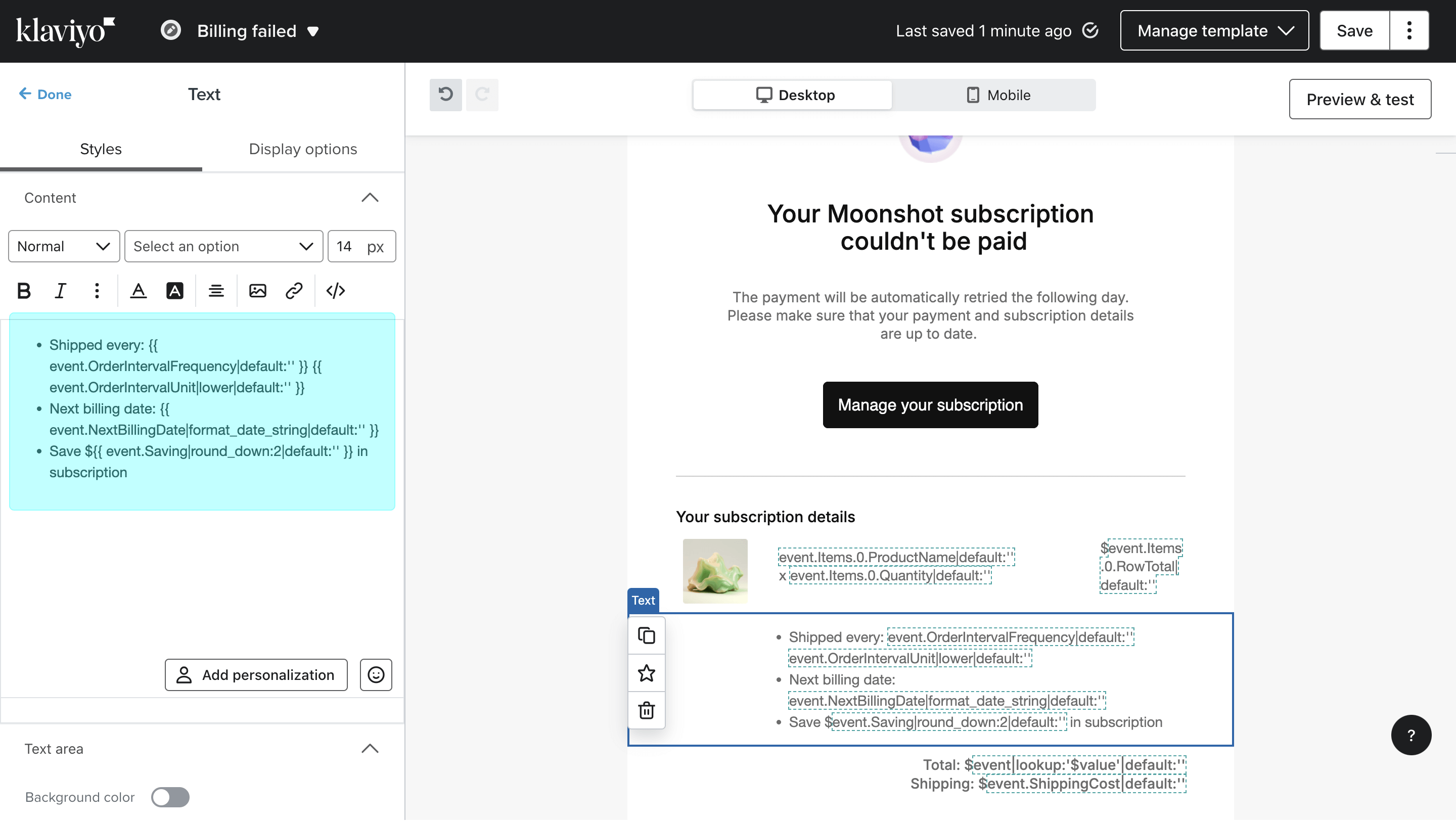 Klaviyo email editor - Variables setup