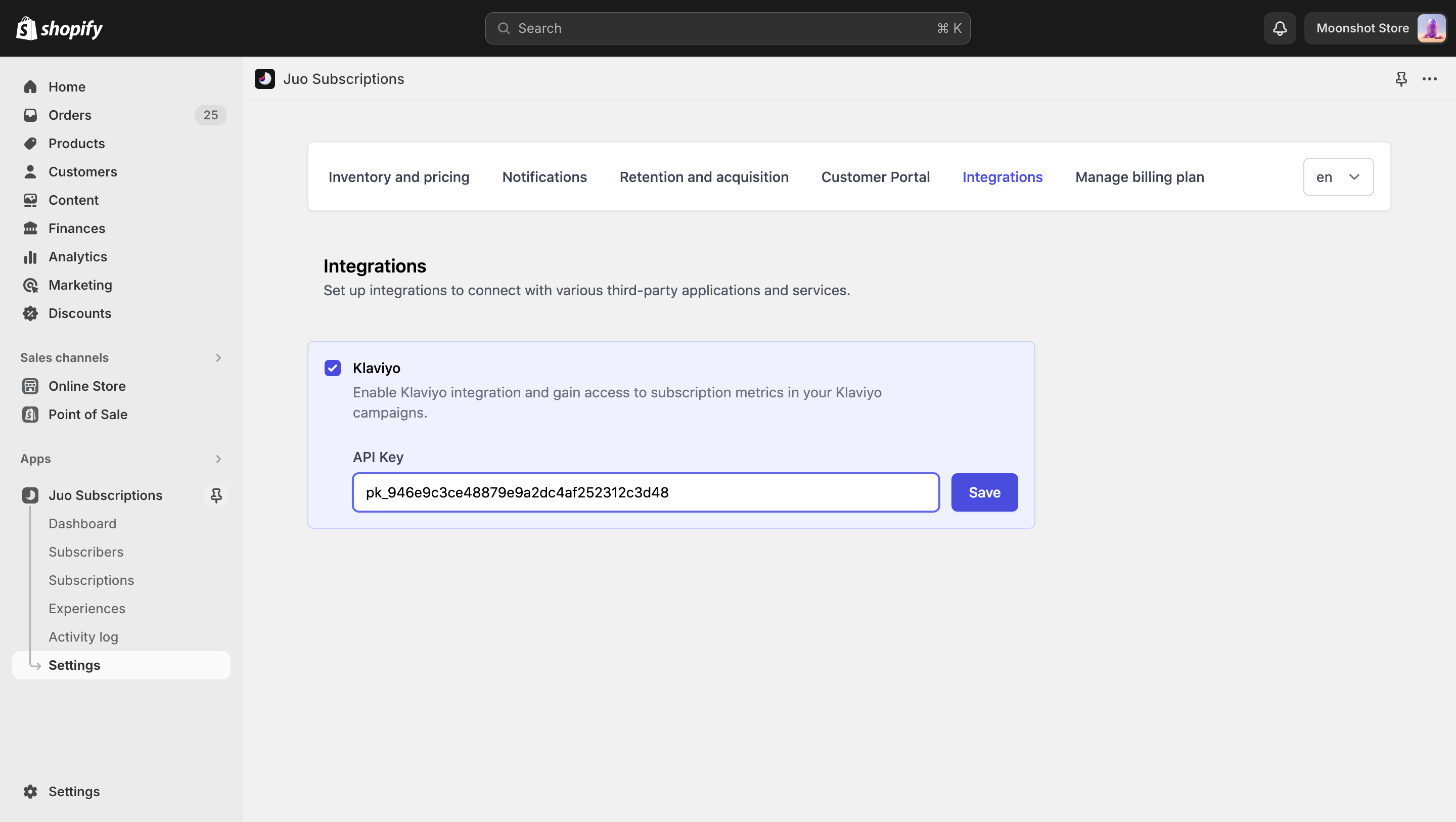 Global settings view - Klaviyo integration