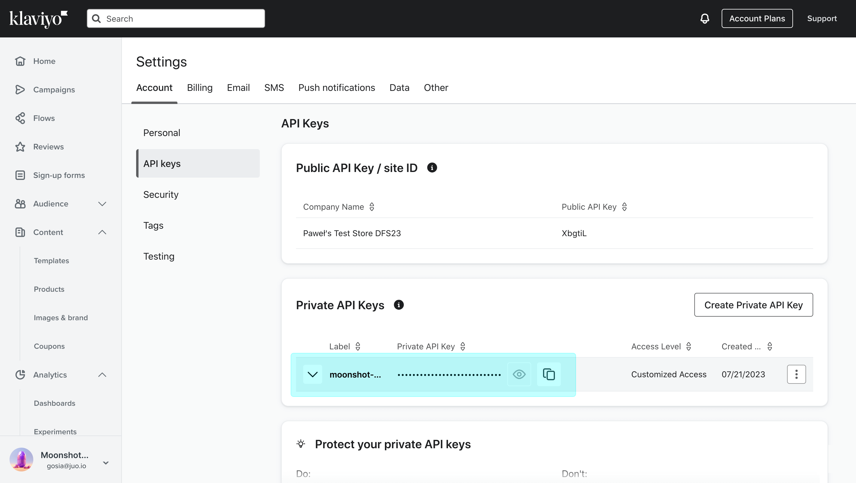Klaviyo settings - Private API Keys