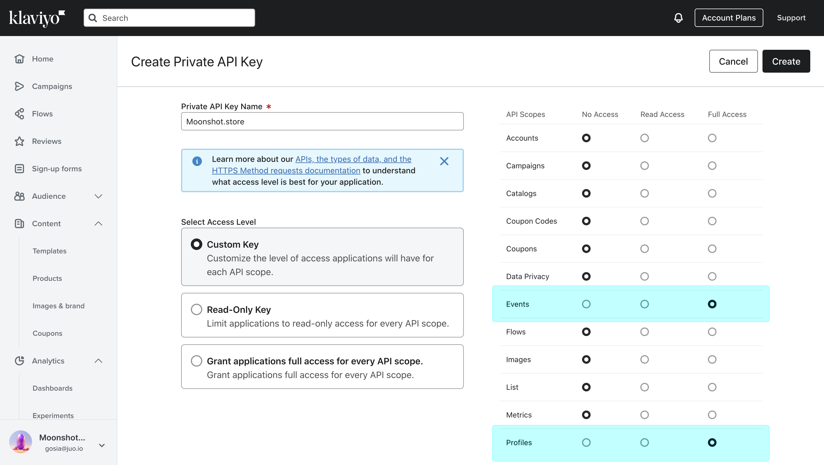 Klaviyo settings - Create new Private API Key