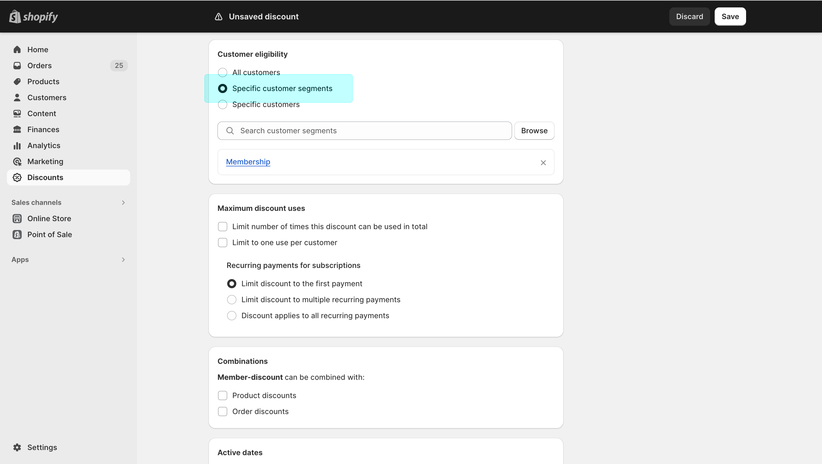 Membership setup - Apply discount to Membership segment