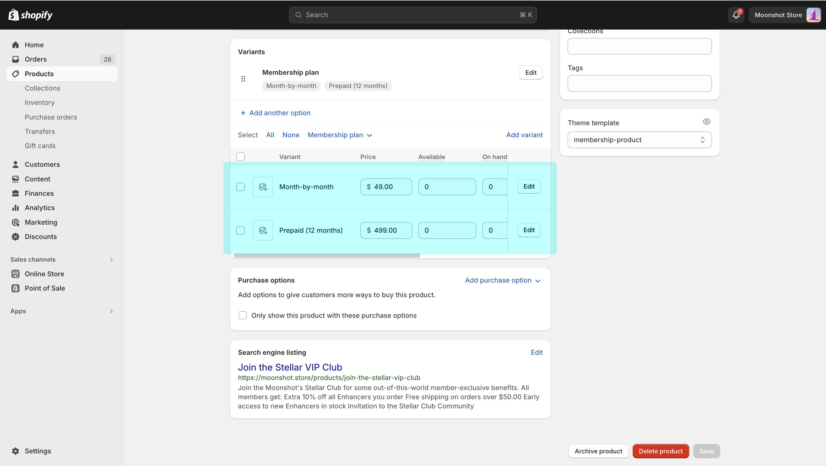 Membership setup - Parent product variants