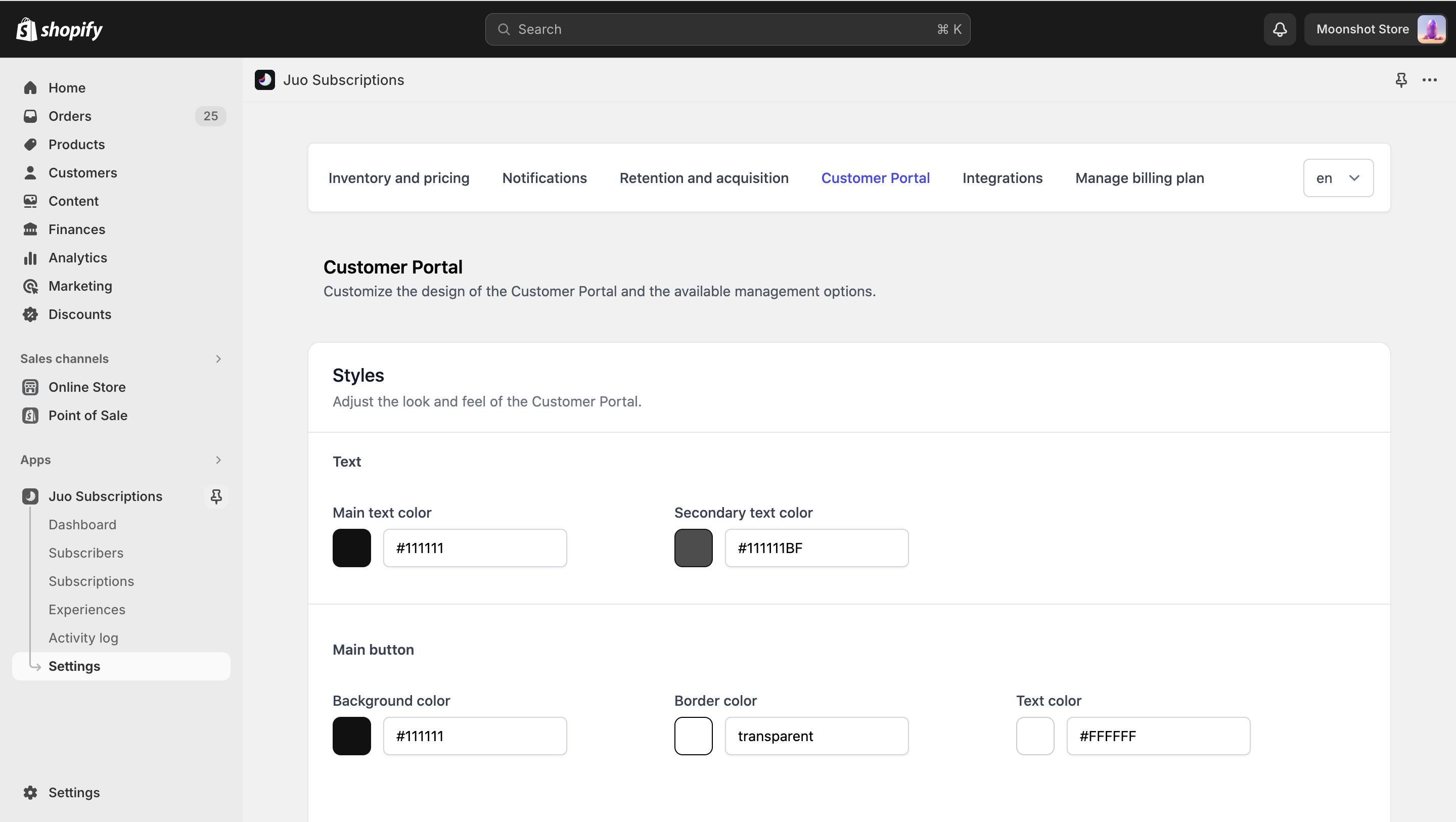 Global settings view - Customer Portal