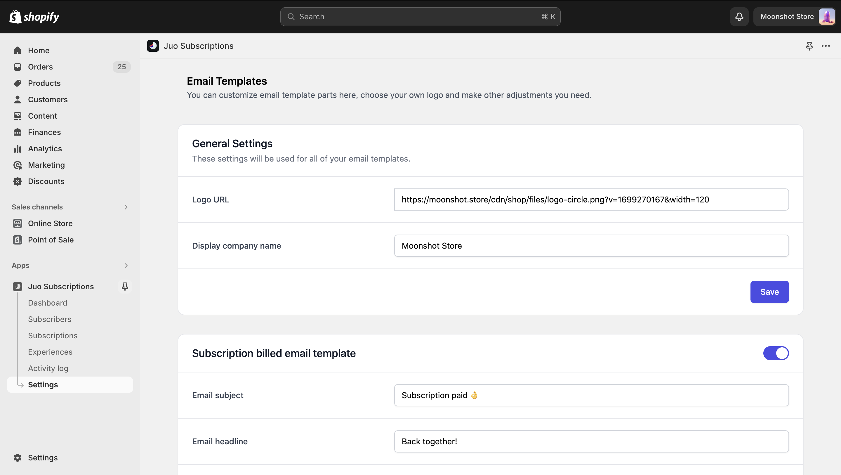 Global settings view - Email templates