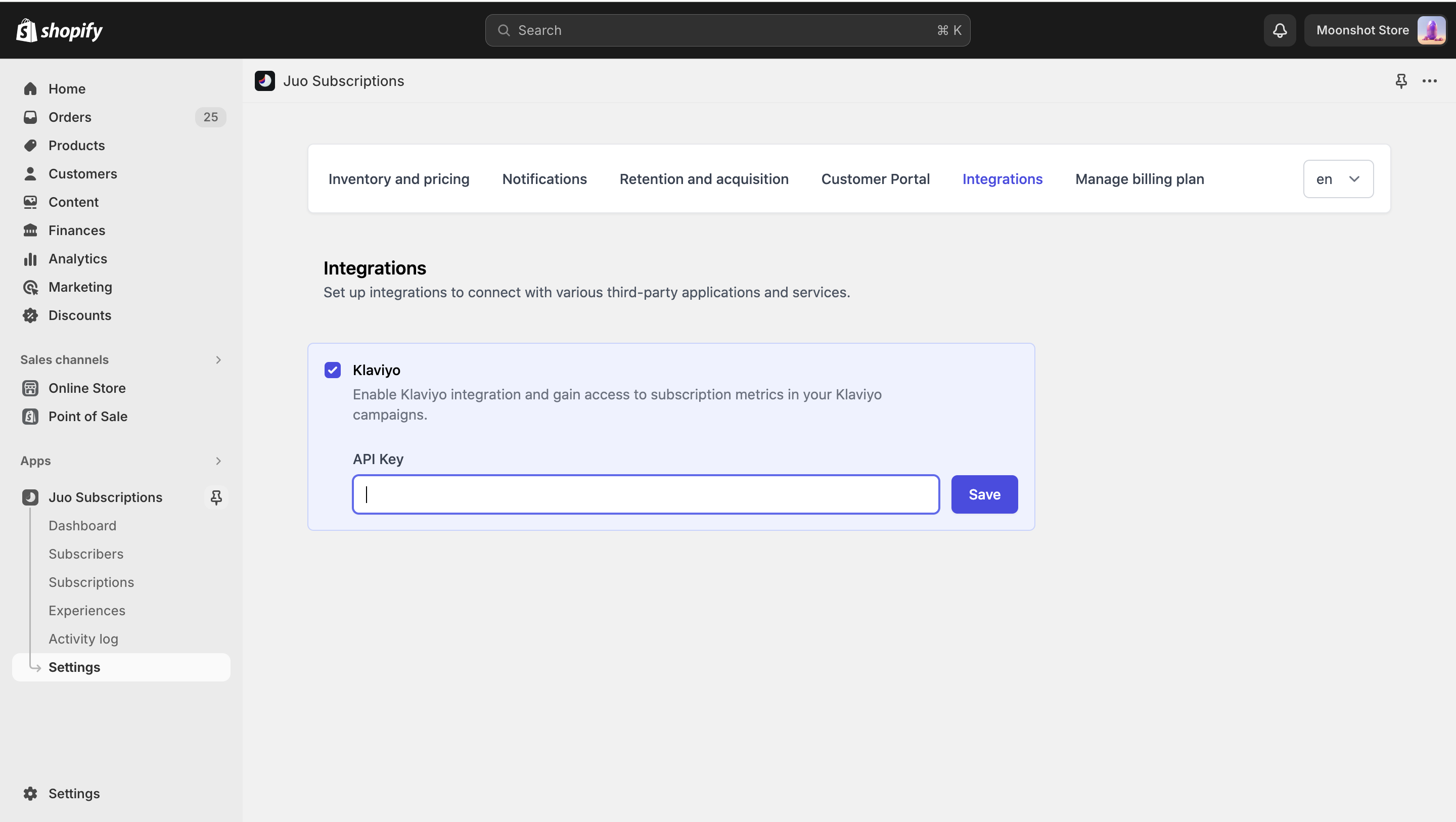 Global settings view - Integrations