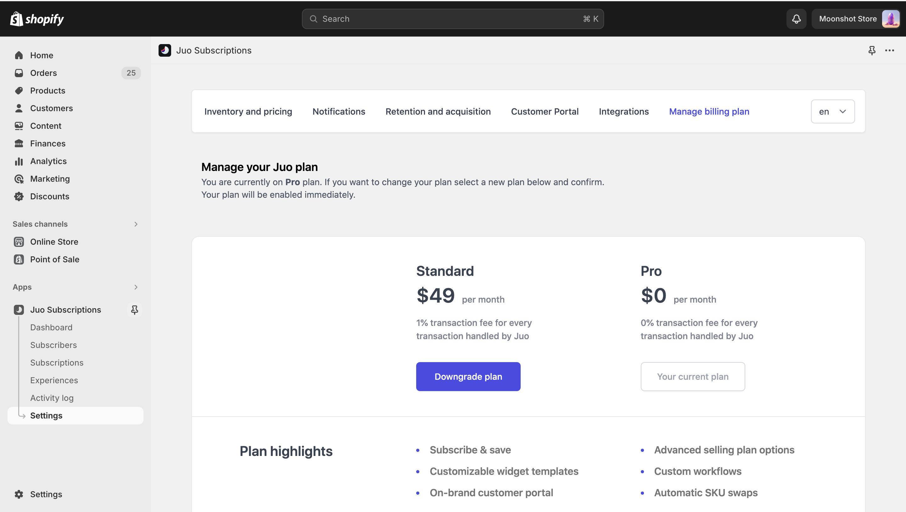 Global settings view - Manage billing plan