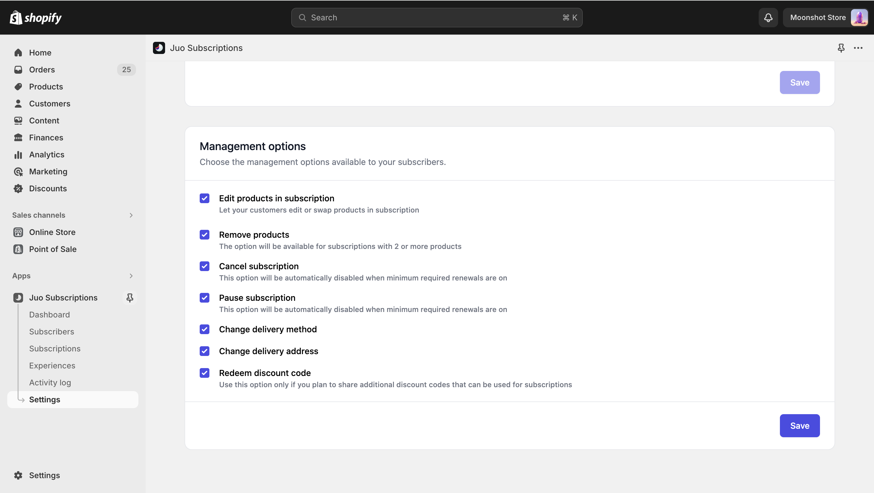 Global settings view - Management options