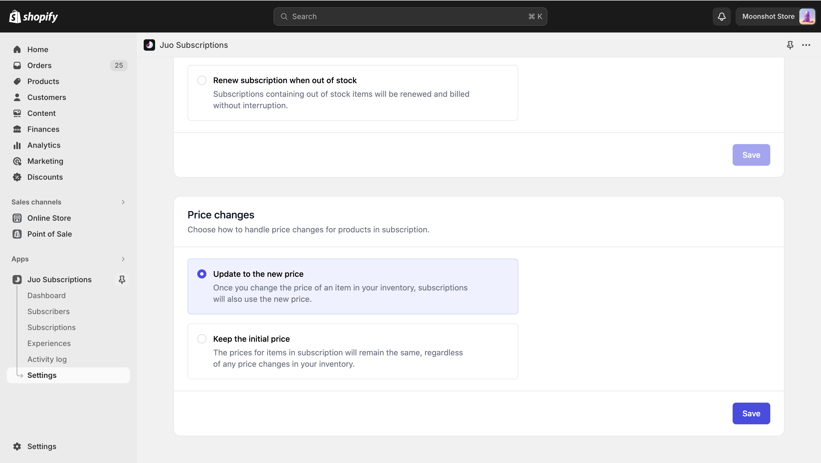 Global settings view - Price changes