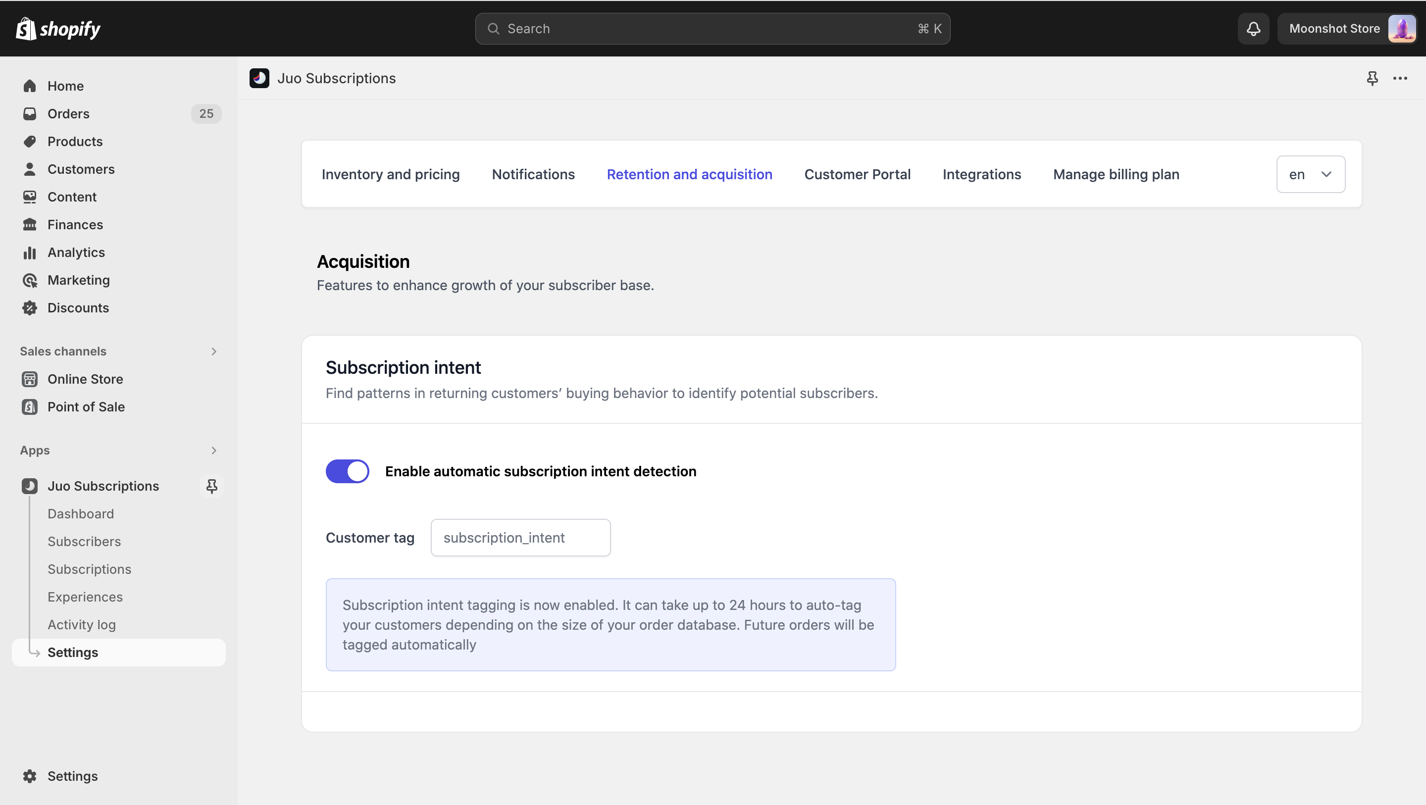 Global settings view - Subscription intent detection